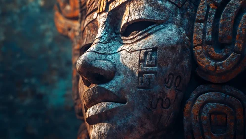 Stone face sculpture with carved symbols in close-up view.