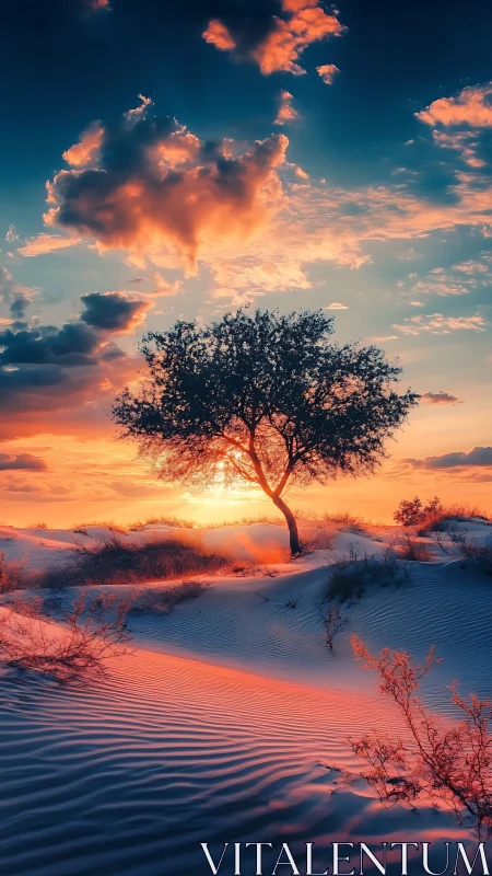 Lonely desert tree greeting a glowing painted sunset sky.