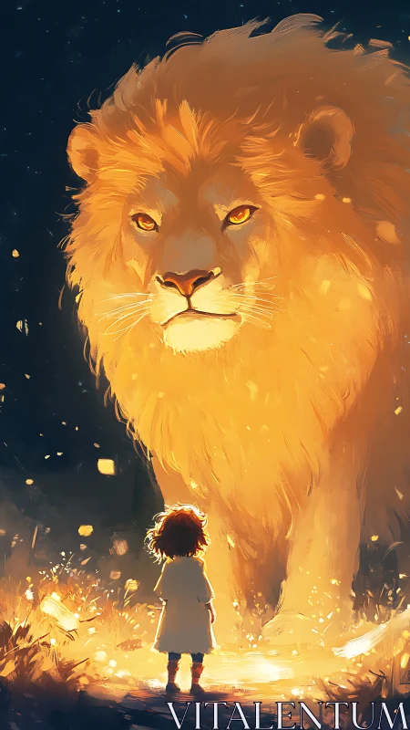 Digital painting of luminous lion guardian with child figure.