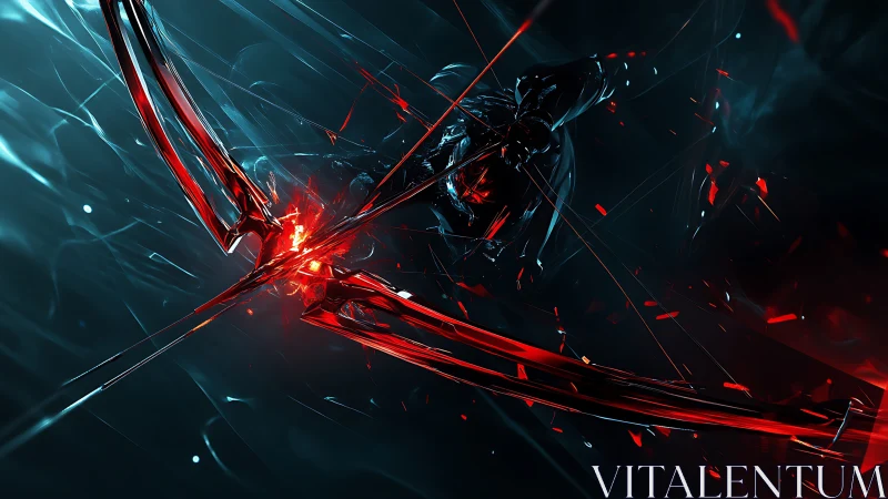 Blazing red energy arcs carve through a shadowy digital void