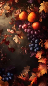 Autumn still life with pumpkins, grapes and scattered leaves.