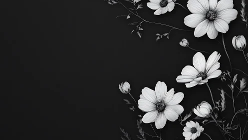 Black and White Cosmos Illustration with Detailed Botanical Composition