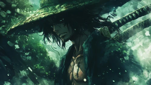 Storm-soaked ronin stalks the emerald hush of the forest