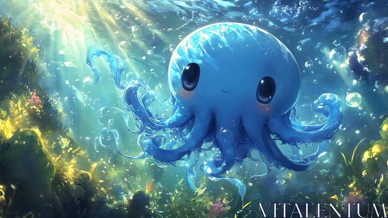 Cute blue cartoon octopus floating in bright seawater.
