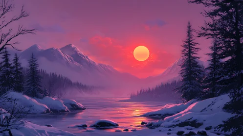 Vibrant alpine sunset illuminates snowy conifer shoreline