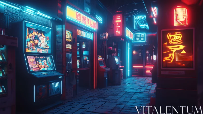 Neon arcade alley glows with dense cyberpunk signage