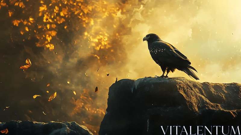 Black bird on rocky ledge under diffuse golden backlight.
