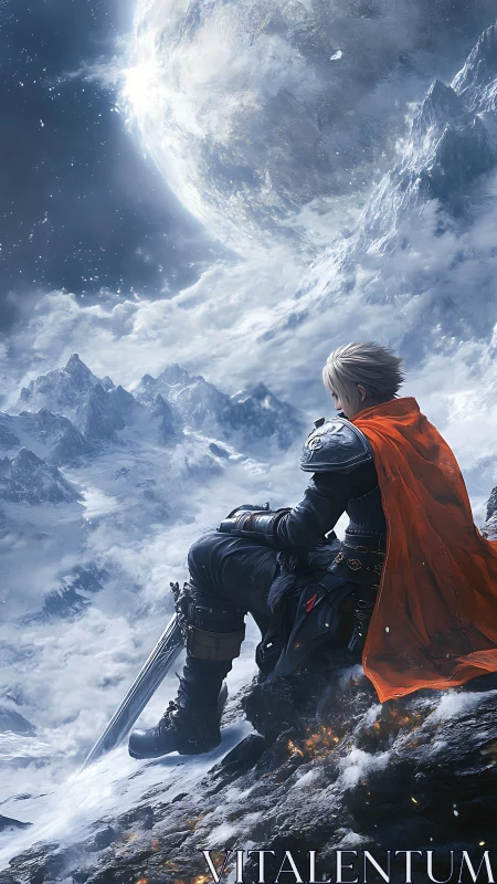 Lone armored warrior rests on icy cliff under massive moon.