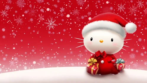 Cute white cat in Santa outfit holds gifts on snowy ground