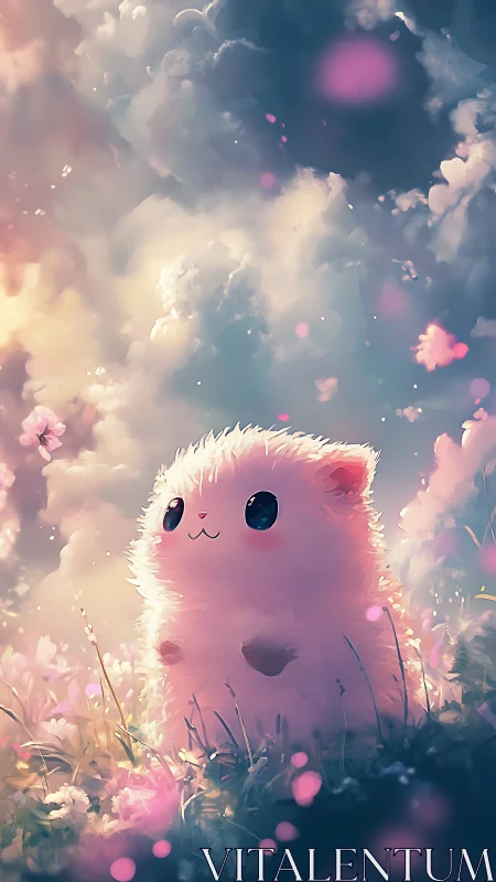 Fluffy pastel creature beneath dreamy glowing skyscape.