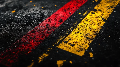 Red and yellow painted road lines on wet asphalt surface.