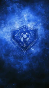 Blue soccer crest glows inside smoky abstract shield.
