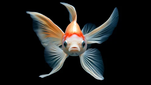 Elegant goldfish with flowing fins in high detail on black background.