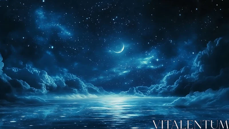 Moonlit ocean welcomes a calm night under a starry sky