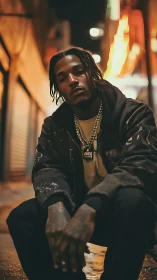 Urban night portrait of confident man in hoodie and chains.