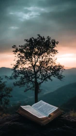 Open Bible rests before lone tree at serene mountain sunset.