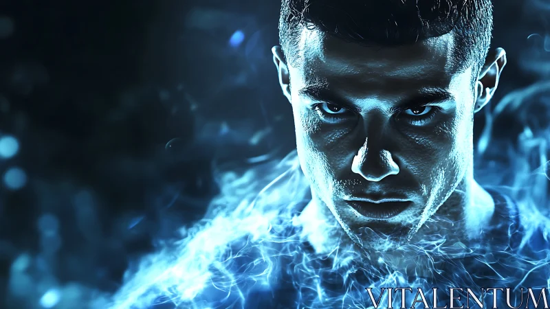 Digital portrait of male athlete in blue smoke effects.