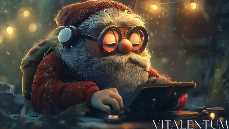 Elderly bearded figure with tablet under warm hanging lights.