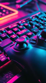 Neon-Lit DJ Controller with Cyan-Magenta Dual-Tone Volumetric Lighting