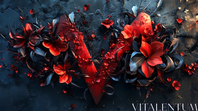 Crimson blossoms entwining a shattered red crystal core.