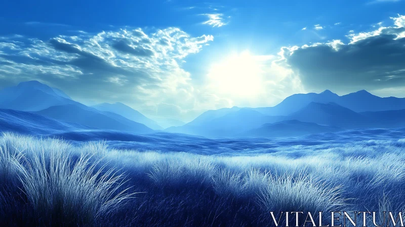 Luminous blue sunrise washes over frosted mountain plains