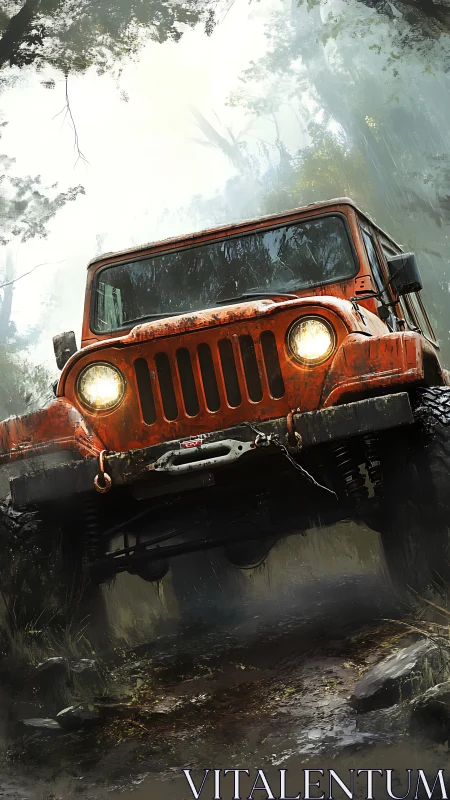 Mud-splattered off-road jeep charging through misty forest trail.