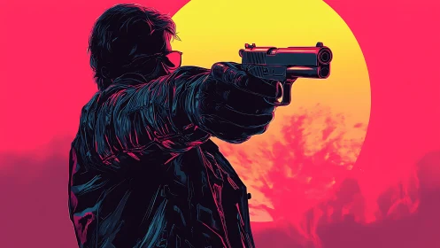 Gunman silhouette extends pistol against neon sunset sphere
