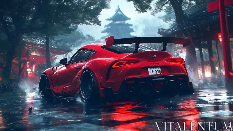 Red sports car in rainy Japanese temple street at night.