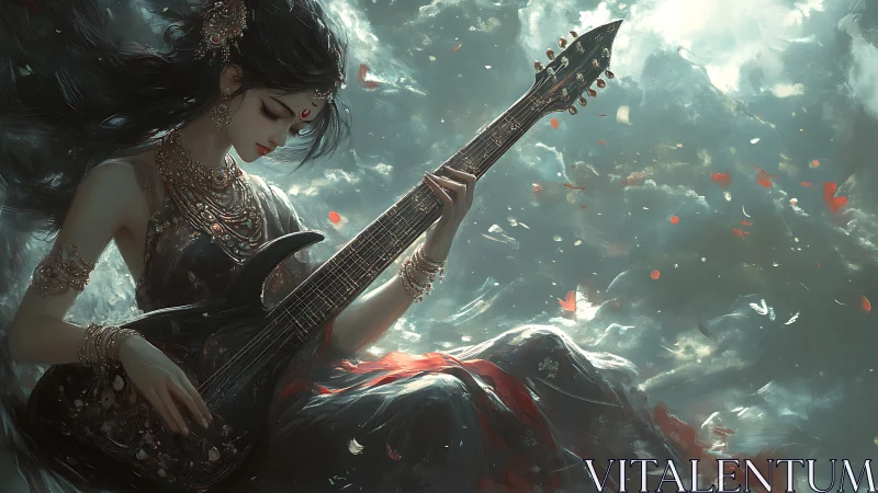 Guitar goddess in swirling petals and stormlit dreamscape.
