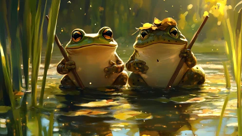 Two cartoon frogs holding sticks in a sunny pond scene.