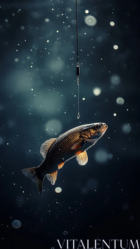 Solitary fish suspended near vertical fishing line in water.
