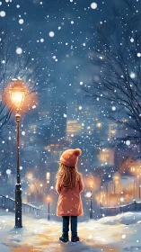 Child stands under streetlamp observing illuminated snowy city