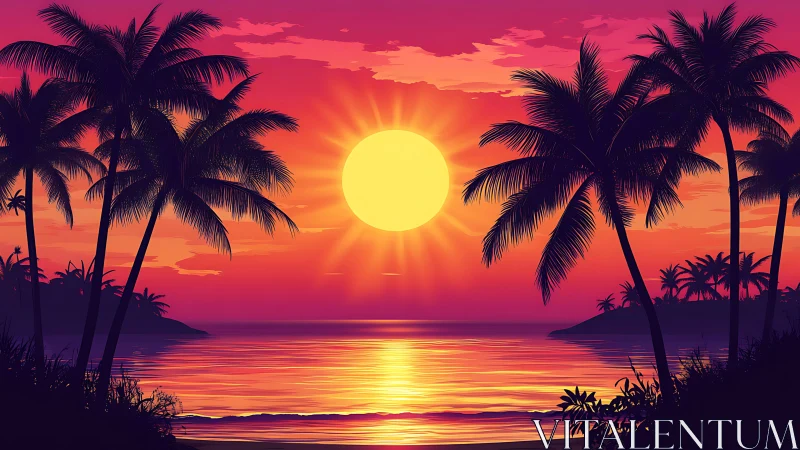 Vibrant tropical sunset with silhouetted palm shoreline glow.