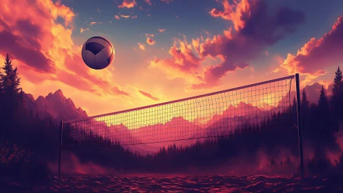 Volleyball arcs above a net against blazing mountain sunset.