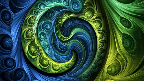 Swirling fractal vortex blends blue and green luminescent waves.