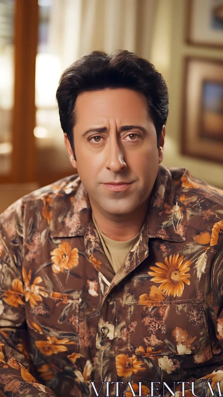 Middle-aged man in floral shirt rendered in warm photoreal detail