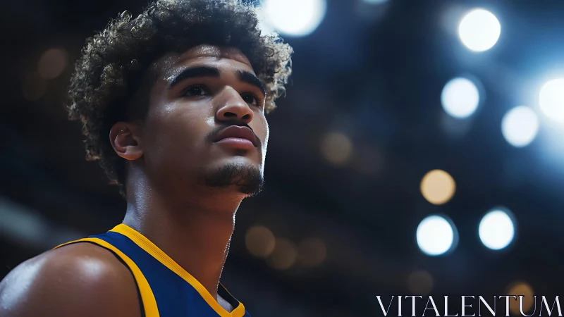 Arena-lit basketball portrait with shallow depth of field precision.
