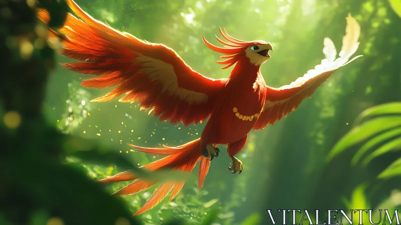 Majestic Red Phoenix Soaring in Sunlit Enchanted Forest, Digital Art.