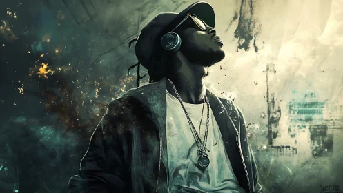 Digital portrait of urban man with headphones in motion.