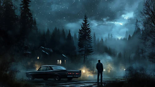 Night forest road with parked car and solitary figure.