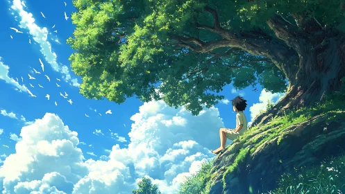 Boy sits beneath large tree on grassy cliff under clear sky