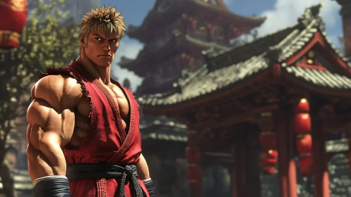 Stoic street fighter framed by calm temple rooftops.