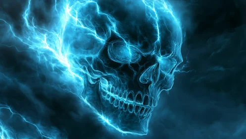 Glowing electric blue skull emerging from dark storm clouds.