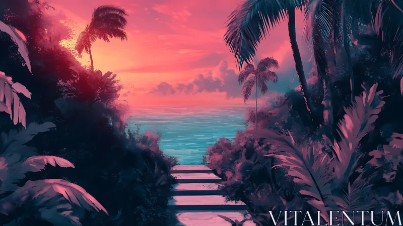 Tropical Seascape at Sunset with Palm Fronds.