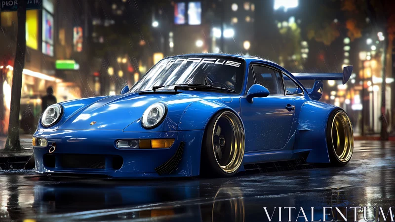 Midnight blue street racer humming through neon drizzle.