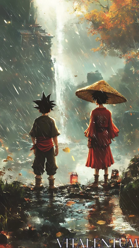 Two young travelers share a quiet moment by the waterfall