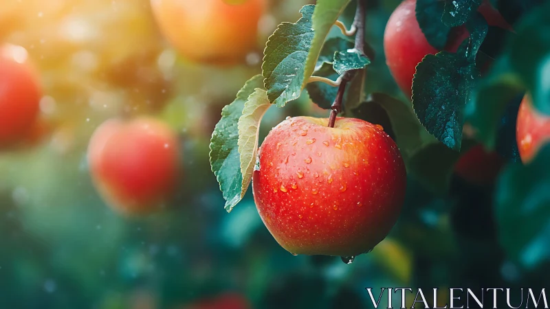 Macro optical study of dew‑laden ripe apple in field bokeh.