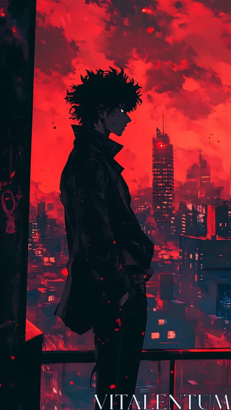 Silhouetted loner surveys high-rise city under saturated red sky