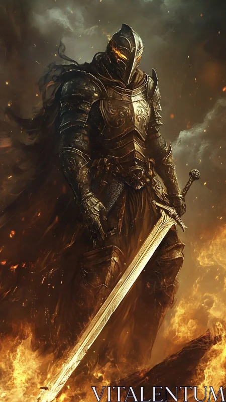 Heavily armored dark knight wields glowing greatsword amid firestorm