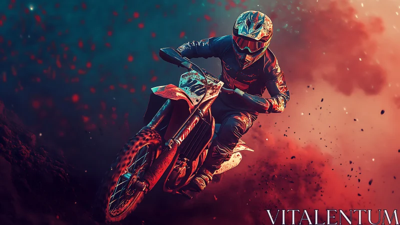 Motocross rider leans into a turn in vivid dust clouds.